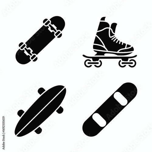 Four minimalist silhouettes of skateboards snowboard and skates on a plain surface silhouette vector illustration white background