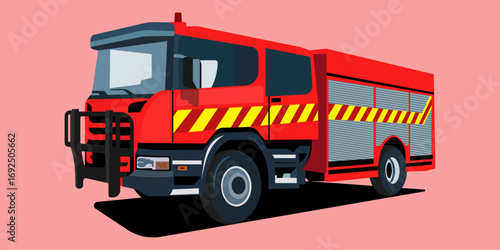 Illustration of a red fire truck with yellow stripes on pink background.