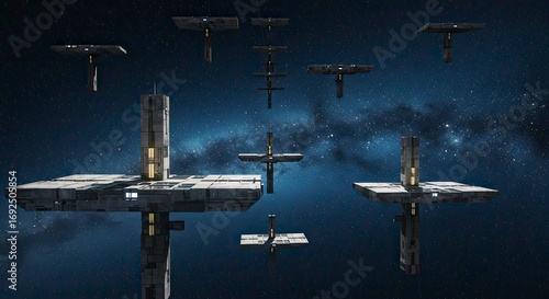 Fototapeta Naklejka Na Ścianę i Meble -  Futuristic Space Stations in a Starry Night Sky
