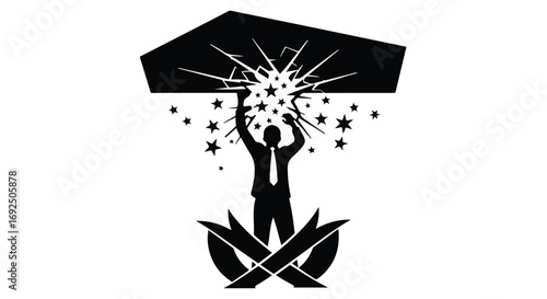 Silhouette of determined person reaching for success, breaking barriers to achieve goals.