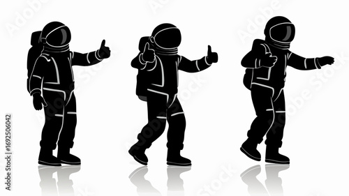 Three astronauts in black suits giving thumbs up with white outlines on a white background with reflections | editable eps vectors silhouette