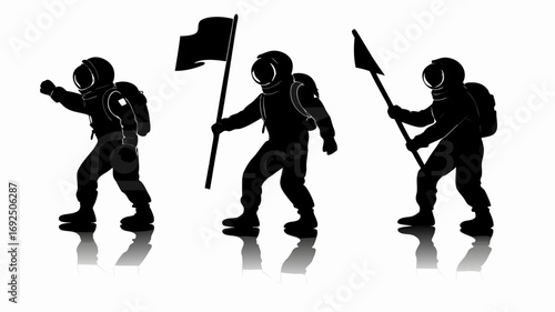 Silhouettes of three astronauts in space suits holding flags on a white background with reflections | editable eps vectors