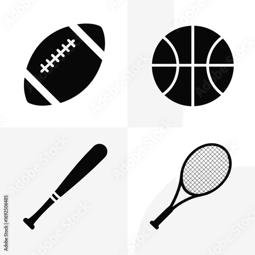 Collection of four different sports equipment silhouettes for digital or print projects silhouette vector illustration white background