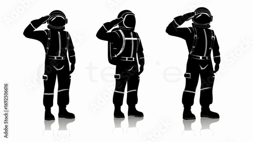 Three astronauts in black silhouette saluting with helmets and space suits on a white background image | editable eps vectors