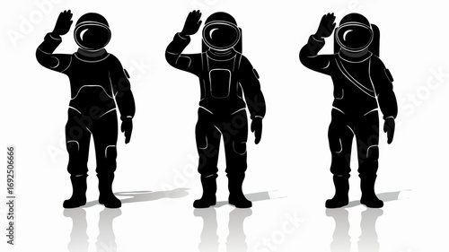 Three astronauts in black suits standing and waving with reflections on the ground in a white background | editable eps vectors silhouette