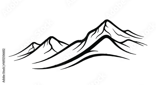 Majestic mountain range depicted with bold, flowing black ink lines on a white background.