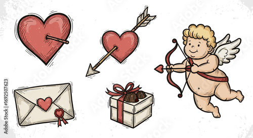 Valentine's day themed image with cupid, hearts, gift and love letter