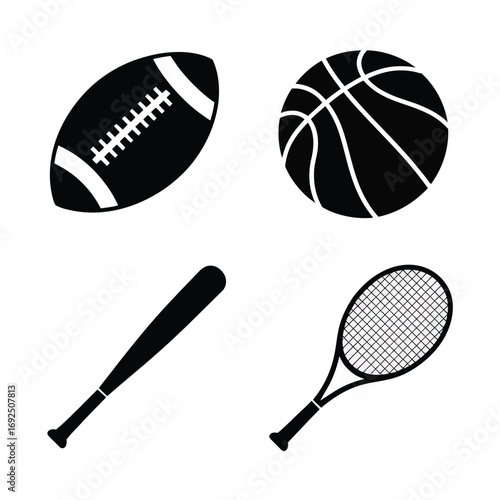Collection of athletic sports equipment icons american football basketball baseball bat tennis racket silhouettes silhouette vector illustration white background