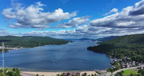 Lake George, New York, USA - August 26, 2025: Afternoon aerial summer video of the area surrounding the Lake George, NY,