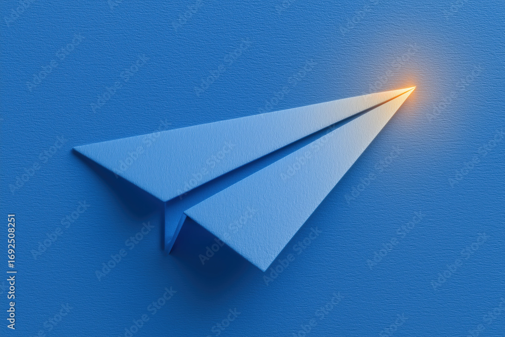 Fototapeta premium Creative Glowing Paper Airplane Blue Texture Background Modern Digital Communication Technology Business Concept