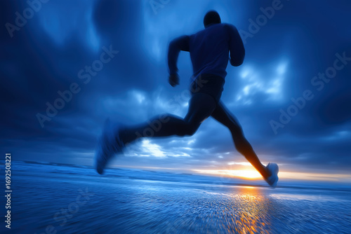 Athlete Man Running Beach Ocean Water Sunset Golden Hour Dynamic Motion Blur Fitness Lifestyle