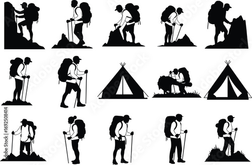 Hiking silhouettes, trekking man with backpack, mountain climbing, camping tent, outdoor expedition adventure vector, wilderness exploration, hiker lifestyle, travel journey illustration