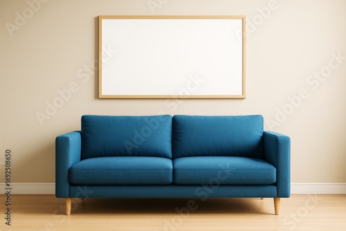 Minimalist living room interior with blank poster frame above blue sofa on wooden floor background, ideal for design mockup or branding concept.
