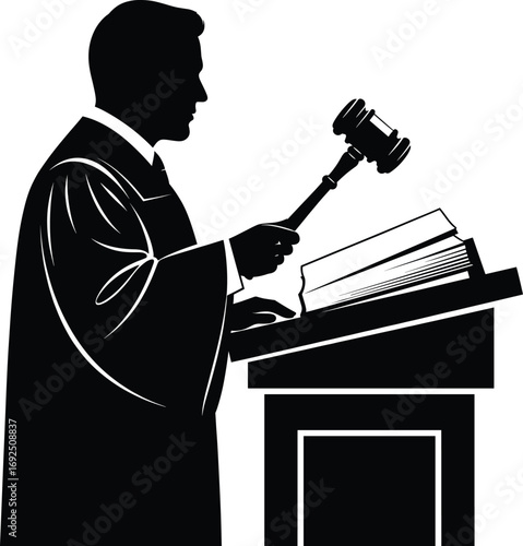 Judge silhouette with gavel, courtroom scene, legal authority, law enforcement, justice system, legal decision, judge ruling, court hearing, law book, courtroom justice, legal profession, judicial pow