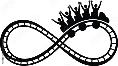 Roller coaster silhouette vector, infinity loop ride, amusement park attraction, thrill ride, funfair roller coaster, black and white design