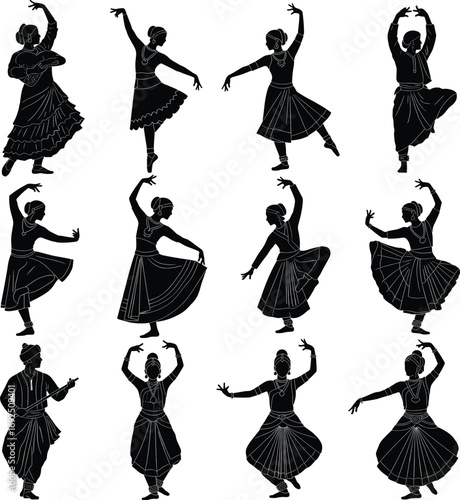 Silhouettes of Indian classical dancers performing traditional dance, cultural attire, expressive hand gestures, classical poses, folk music, heritage, artistic dance, grace, elegance, tradition