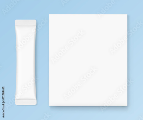 Blank package stick mockup with paperboard box mockup. Flat lay view. Vector illustration on colour background. Can be use for food, cosmetic, medicine and etc. EPS10.