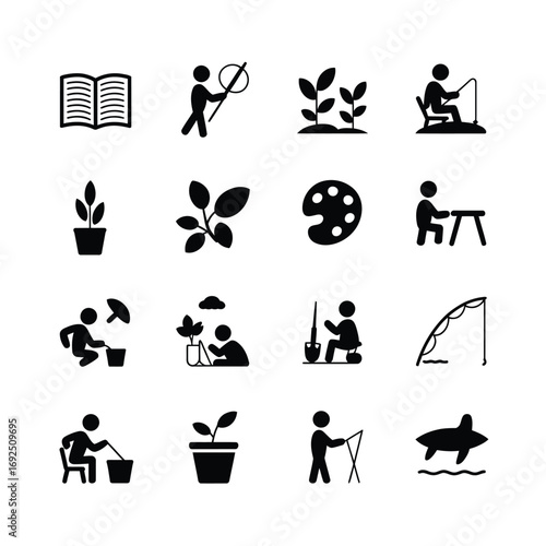 Bundle of 12 hobby and leisure activity icons for creative pursuits and outdoor fun silhouette vector illustration white background