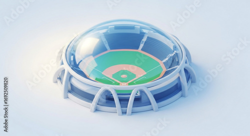 Futuristic baseball stadium design with dome roof and green field for sports and entertainment venue concept