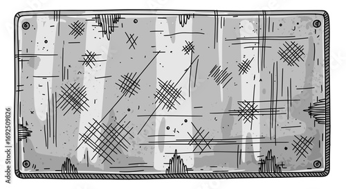 Illustration of a rectangular metal plate with scratches and rivets set