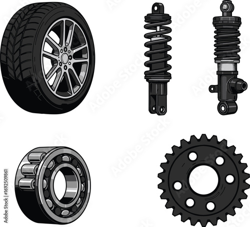 Vector illustration of automotive parts including shock absorber, tire, bearing, and gear, perfect for mechanical, repair, garage, engineering, or service design
