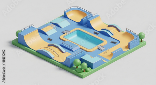 Isometric skatepark design with pool and ramps for skateboarding and rollerblading recreation area concept