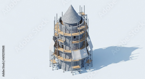 Isometric view of a stone tower under construction with scaffolding and shadow on a white background scene