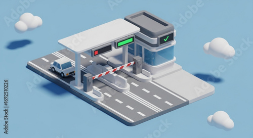 Isometric toll booth illustration for transportation and traffic management systems design and automation technology