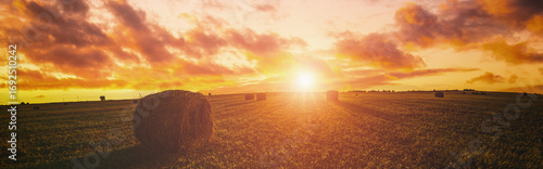 Foto Sunset over hay bales in a field