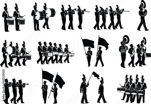 Marching band silhouettes, musicians playing instruments, parade performance, drum line, trumpet players, flag bearers, trombone, tuba, music parade vector illustration