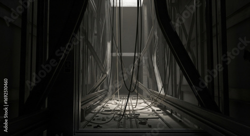 Explore abandoned elevator shaft interior with hanging wires and metal beams for urban exploration photography