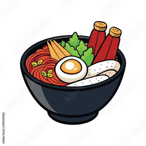 Vibrant korean bibimbap bowl illustration with assorted fresh toppings and spicy sauce