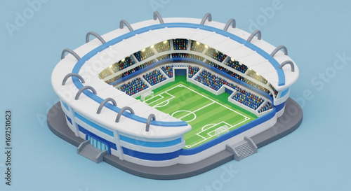 Isometric view of a soccer stadium with a green field and blue seats for sports event and fans viewing