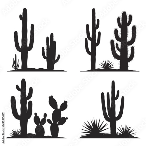 Desert silhouette collection four unique cactus arrangements for your projects silhouette vector illustration white background