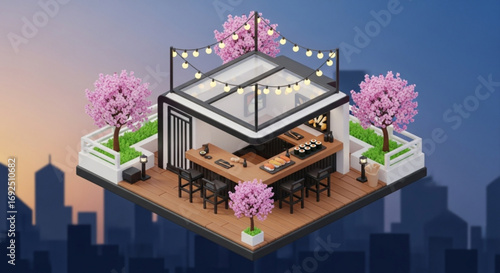 Isometric rooftop sushi bar restaurant with cherry blossom trees and string lights rendering design