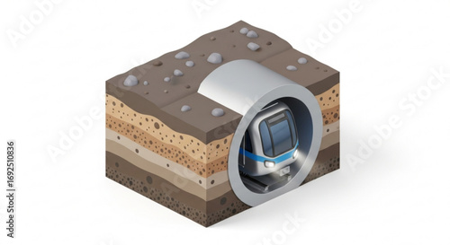 Isometric view of underground metro tunnel construction engineering and transportation technology concept