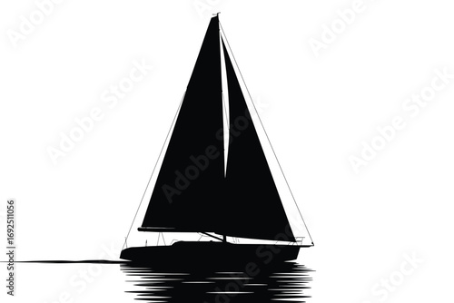 Dramatic black silhouette of a classic sailing yacht on calm water under a bright sky silhouette vector illustration white background