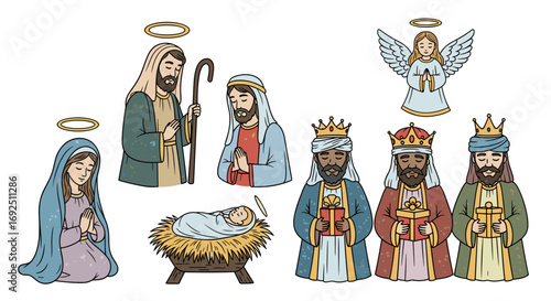 Illustration of the nativity scene with mary joseph and the three kings