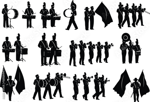 Marching band silhouettes, musicians with drums, trumpets, trombones, sousaphone, flags, parade performers, music festival, orchestra illustration, vector art