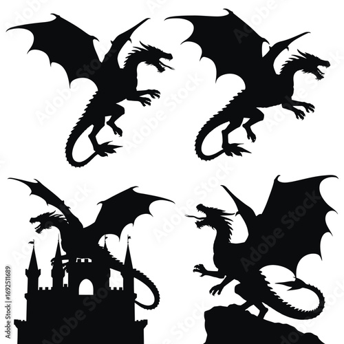 Four epic silhouette dragons in dynamic poses featuring wings claws and castle scenes silhouette vector illustration white background