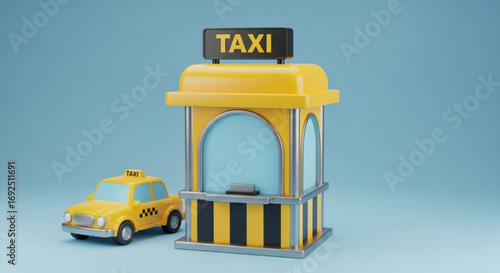 Find a taxi cab service near me yellow taxi stand and car for transportation rendering illustration design