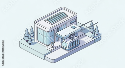 Isometric ski resort gondola station vector illustration with modern architecture and winter landscape scene