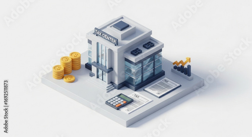 Tax preparation services tax center building with calculator and financial documents for tax season help