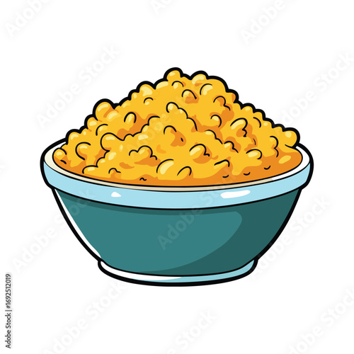 Delicious macaroni and cheese in a bowl with a golden breadcrumb topping advertisement