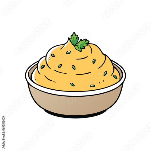 Delicious mashed potatoes served with rich gravy and fresh herbs on a clean white background