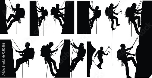 Silhouettes of rock climbers climbing cliffs, rappelling down rocks, outdoor adventure, extreme sports, safety gear, mountain climbing, harness, ropes, athletic activity