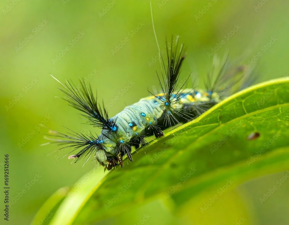 Fototapeta premium Close-up of a colorful caterpillar on a leaf (1)