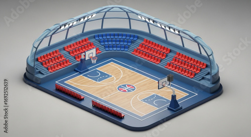 Isometric basketball court arena design for sports games and competitions with spectator seating area