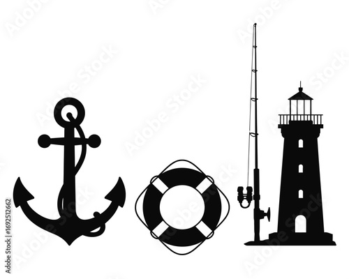 Nautical themed silhouettes of anchor lifebuoy and lighthouse for maritime design projects silhouette vector illustration white background