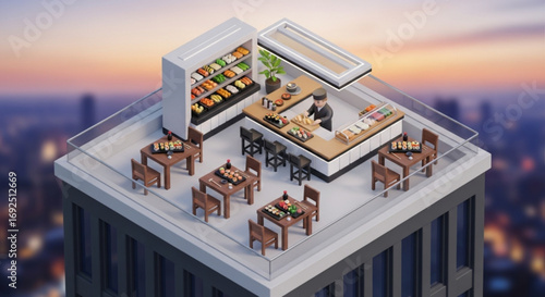 Rooftop sushi restaurant with chef and city view japanese cuisine dining experience and sushi bar concept design